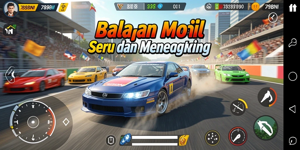 Screenshot permainan <strong>789BNI</strong> menunjukkan balapan mobil yang mendebarkan.