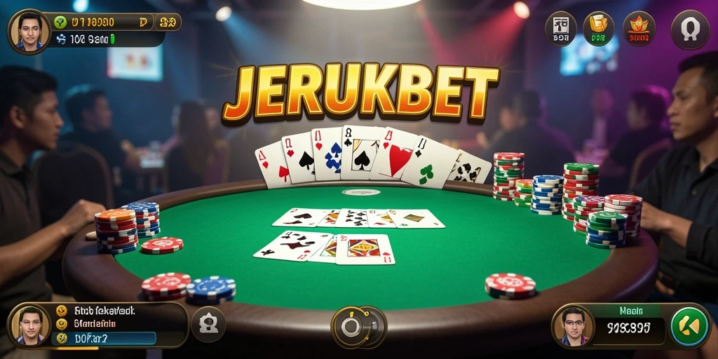 Tampilan screenshot JERUKBET menampilkan permainan poker yang intens dan kompetitif.