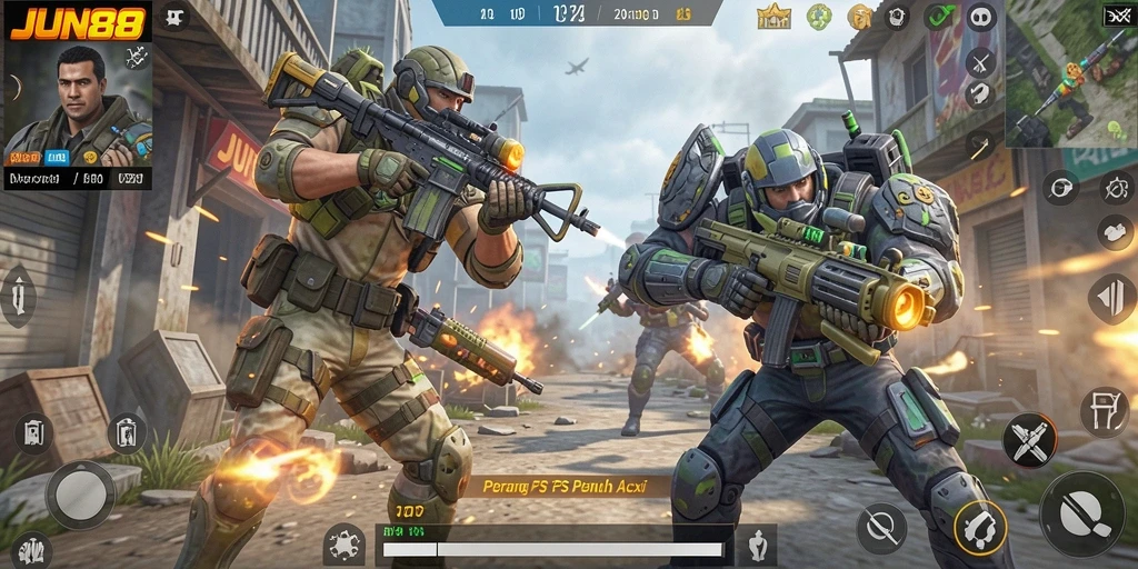 Screenshot gameplay JUN88 menampilkan aksi tembak-menembak yang intens.