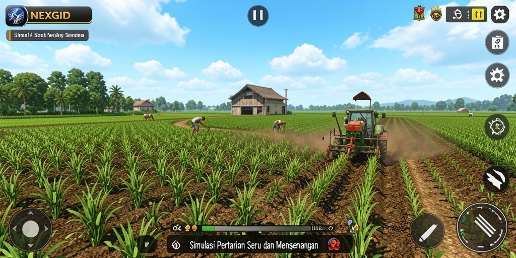 Gameplay seru NEXGID dengan ladang yang luas dan berbagai aktivitas bertani.