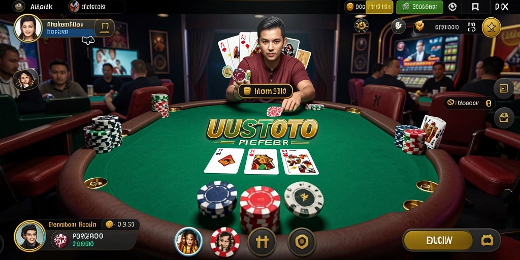 Gameplay seru UUSTOTO dengan suasana meja poker yang mendebarkan.